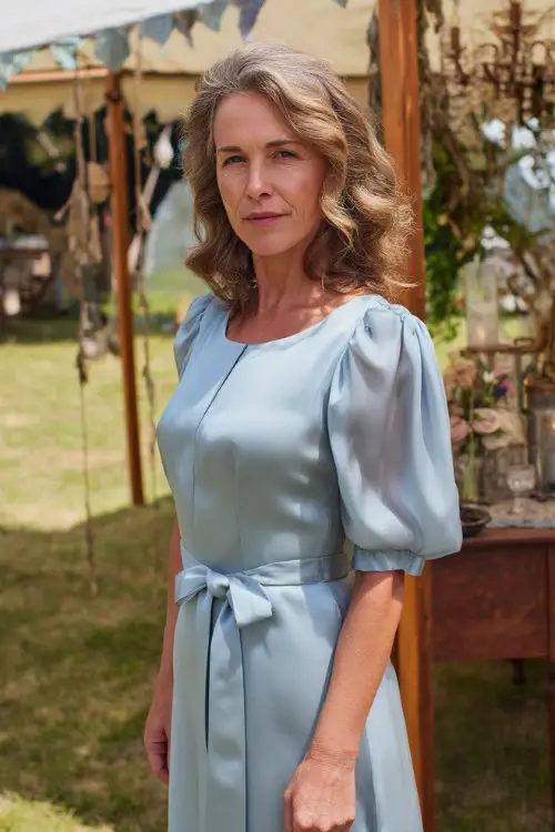 A woman over 50 in a pastel blue midi dress with puff sleeves and a fabric belt, posing in a countryside wedding setting with vintage decor