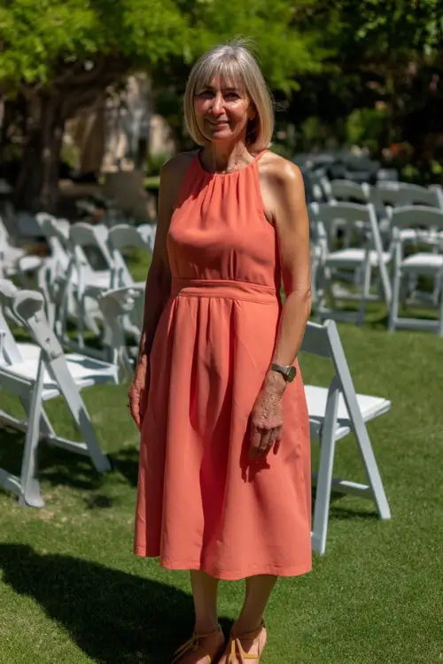 A woman over 50 in a sleeveless coral midi dress with a flared skirt and tan sandals, standing on a sunny lawn with white folding chairs arranged for a summer garden wedding