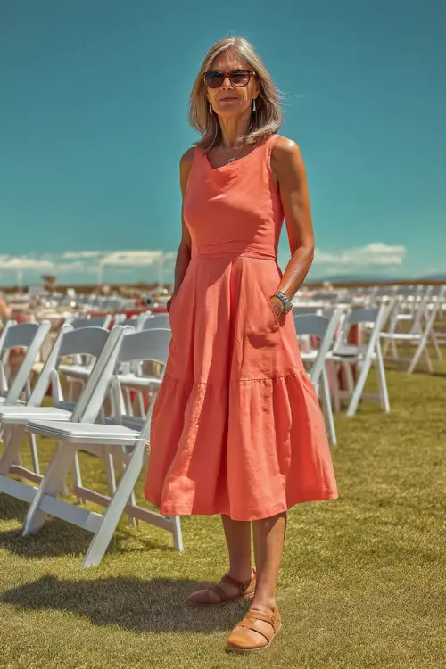 A woman over 50 in a sleeveless coral midi dress with a flared skirt and tan sandals, standing on a sunny lawn with white folding chairs arranged for a summer garden wedding