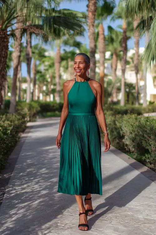 A woman over 50 in a sleeveless emerald green midi dress with a pleated skirt and strappy sandals, walking along a paved path surrounded by palm trees at a tropical summer wedding 