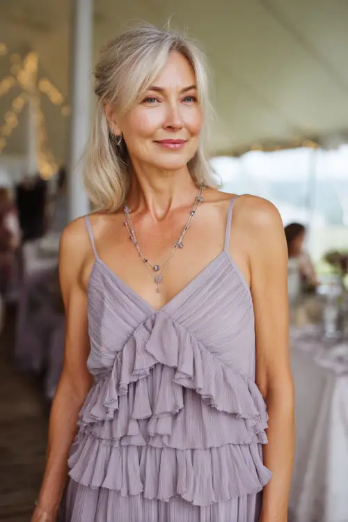 A woman over 50 in a soft lilac midi dress with layered details and subtle shimmer, standing under a white tent with string lights at a summer wedding