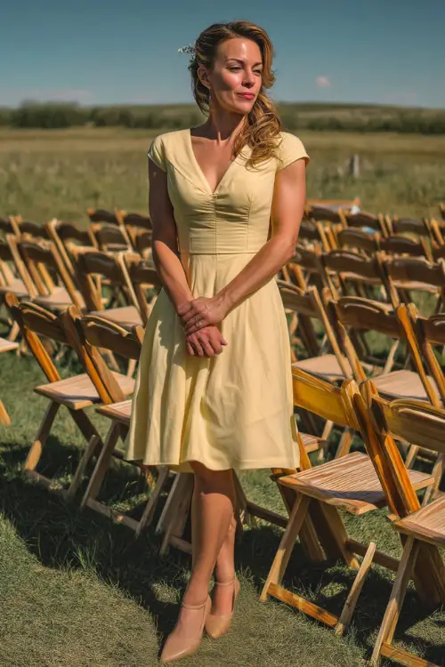 A woman over 50 wearing a light yellow A-line dress with cap sleeves and open-toe heels, posing beside wooden folding chairs arranged for an outdoor spring wedding in a meadow 