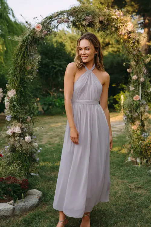 A woman over 50 wearing a sleeveless light lavender chiffon gown with a flowing silhouette and silver sandals, standing near a floral arch at a summer evening garden wedding 