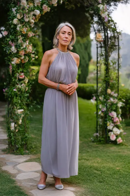 A woman over 50 wearing a sleeveless light lavender chiffon gown with a flowing silhouette and silver sandals, standing near a floral arch at a summer evening garden wedding 