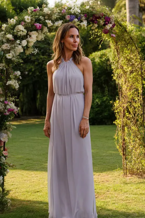 A woman over 50 wearing a sleeveless light lavender chiffon gown with a flowing silhouette and silver sandals, standing near a floral arch at a summer evening garden wedding