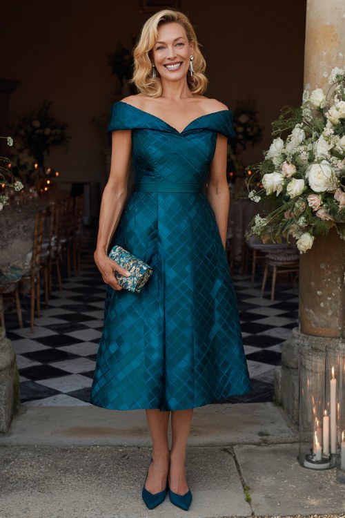 A woman over 50 wears a structured cocktail dress in deep teal silk faille with a bold woven jacquard diamond lattice pattern, a wide off-shoulder neckline