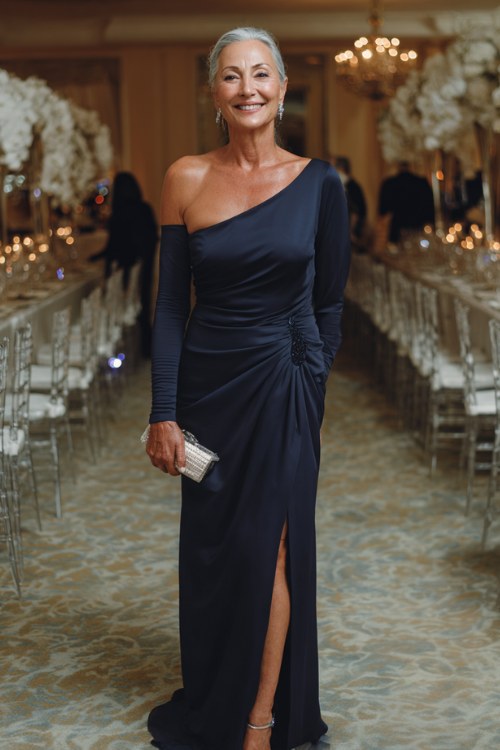 A woman over 50 wears a sweeping black tie gown in midnight sapphire blue silk crepe with a sophisticated asymmetric neckline one side a structured off-shoulder fold, the other a sheer long sleeve
