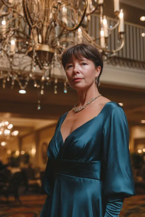 A woman over 50 with elegant short hair in a dark teal gown with long sleeves and satin gloves, standing beneath a grand chandelier at an upscale wedding venue