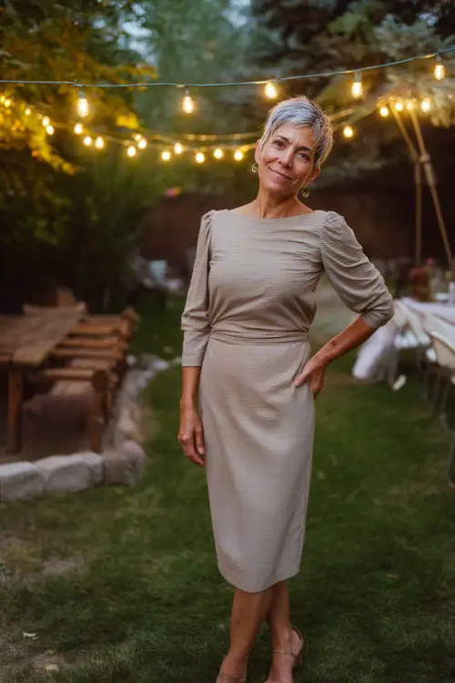 A woman over 50 with short silver hair in a beige midi dress with ruched three-quarter sleeves and low block heels 