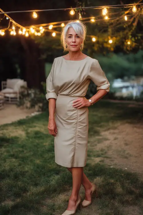 A woman over 50 with short silver hair in a beige midi dress with ruched three-quarter sleeves and low block heels, posing under string lights at an evening backyard wedding
