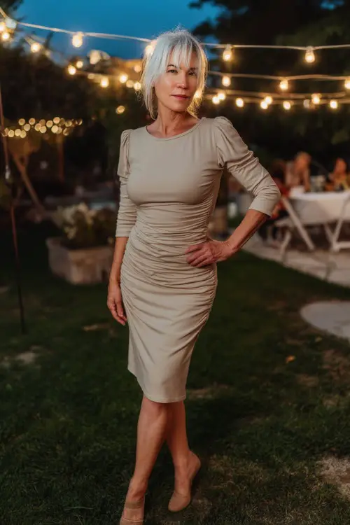 A woman over 50 with short silver hair in a beige midi dress with ruched three-quarter sleeves and low block heels