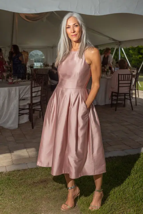 A woman over 50 with silver hair in a sleeveless A-line satin dress in dusty rose, wearing metallic sandals, standing in front of a white tented wedding reception