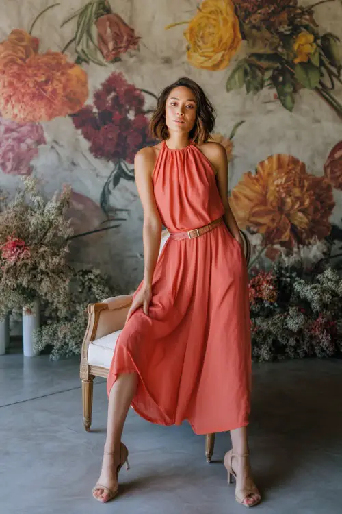 A woman wearing a coral-colored sleeveless flowy dress with a belt and neutral block heels, posing near a floral photo backdrop at a modern summer wedding