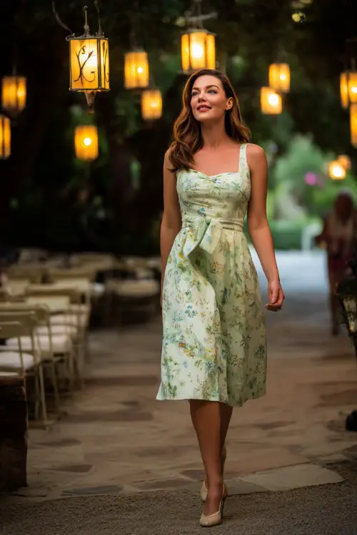 A woman wearing a light green and white floral-print midi cocktail dress with a belted waist, walking toward a ceremony space under hanging lanterns