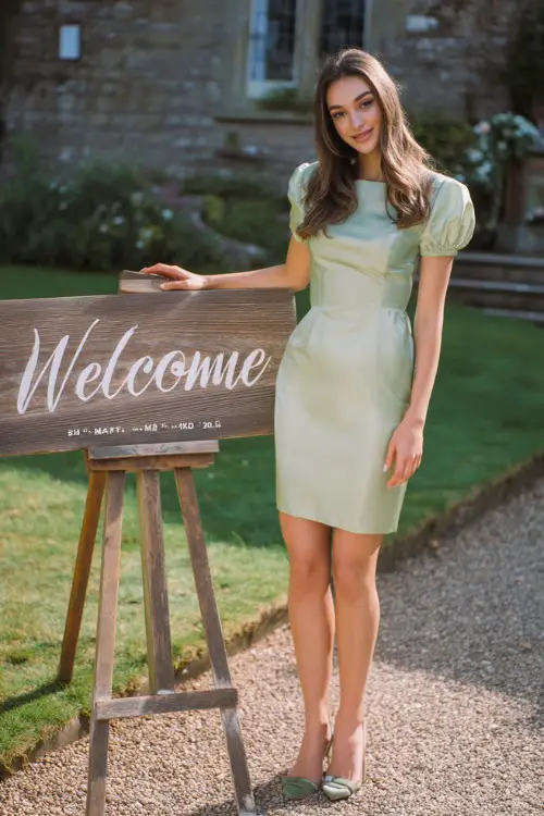 A woman wearing a pastel green A-line cocktail dress with short puff sleeves and block heels, posing near a rustic wooden welcome sign at a countryside wedding