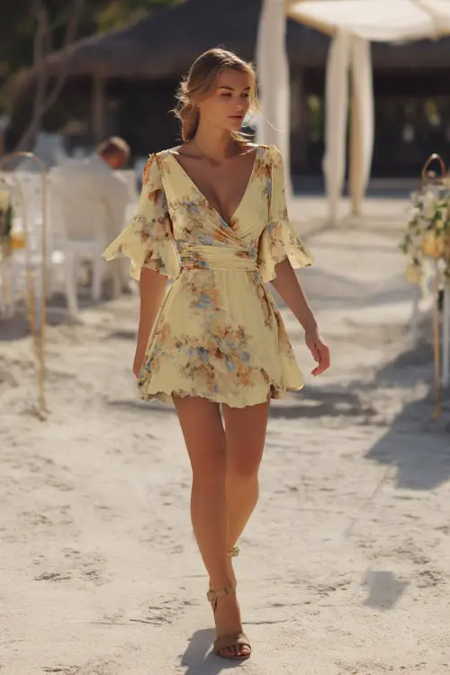 A woman wearing a pastel yellow floral mini dress with flutter sleeves and wedge sandals, walking across a sandy path at a beach wedding ceremony 