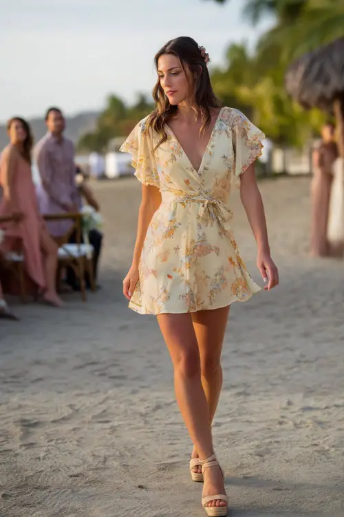 A woman wearing a pastel yellow floral mini dress with flutter sleeves and wedge sandals, walking across a sandy path at a beach wedding ceremony