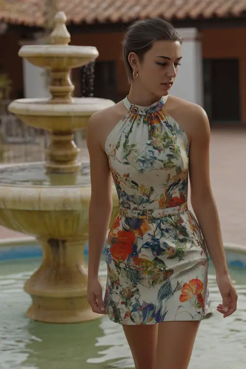 A woman wearing a sleeveless floral-print mini dress with a high neckline and small hoop earrings, walking near a decorative fountain at a Spanish-style wedding venue