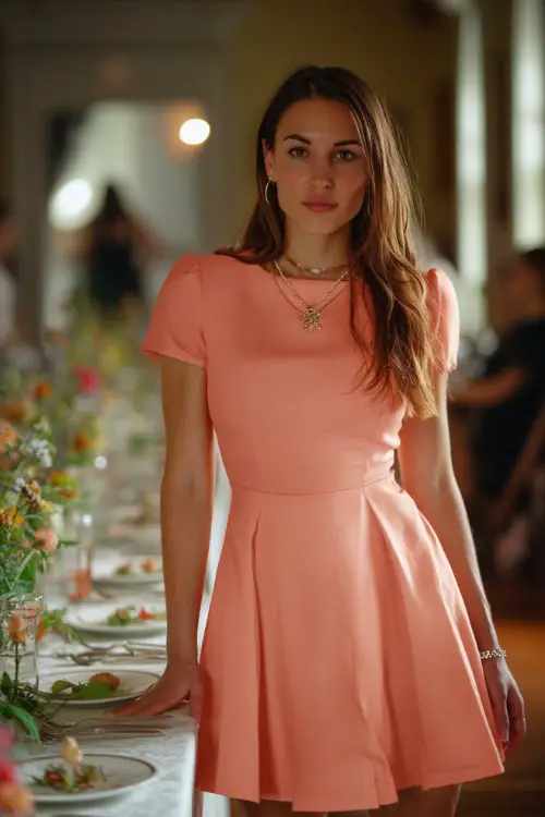 A woman wearing a soft coral short-sleeve cocktail dress with a flared skirt and delicate jewelry, standing near a long dinner table decorated with wildflowers (2)