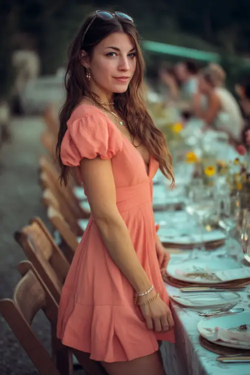 A woman wearing a soft coral short-sleeve cocktail dress with a flared skirt and delicate jewelry, standing near a long dinner table decorated with wildflowers 