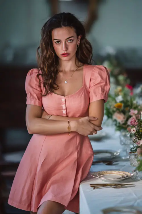 A woman wearing a soft coral short-sleeve cocktail dress with a flared skirt and delicate jewelry, standing near a long dinner table decorated with wildflowers