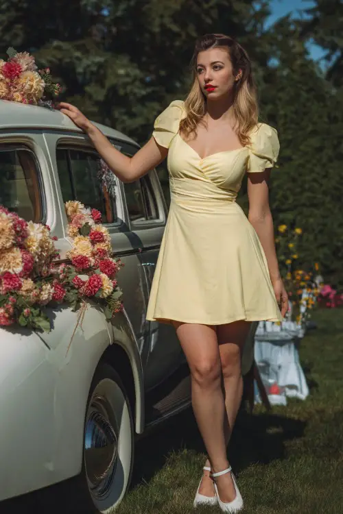 A woman wearing a soft yellow cocktail dress with short flutter sleeves and a wrap bodice, posing beside a vintage car decorated with flowers at a summer celebration