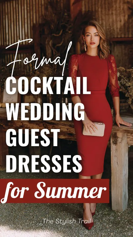 A woman wears a formal cocktail summer wedding guest dress with delicate lace detailing at the sleeves, styled with pointed-toe heels and a small clutch