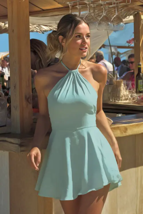 A woman with a small frame wearing a light teal halter-neck cocktail dress with a flared hem, posing beside an open-air bar at a beach wedding 