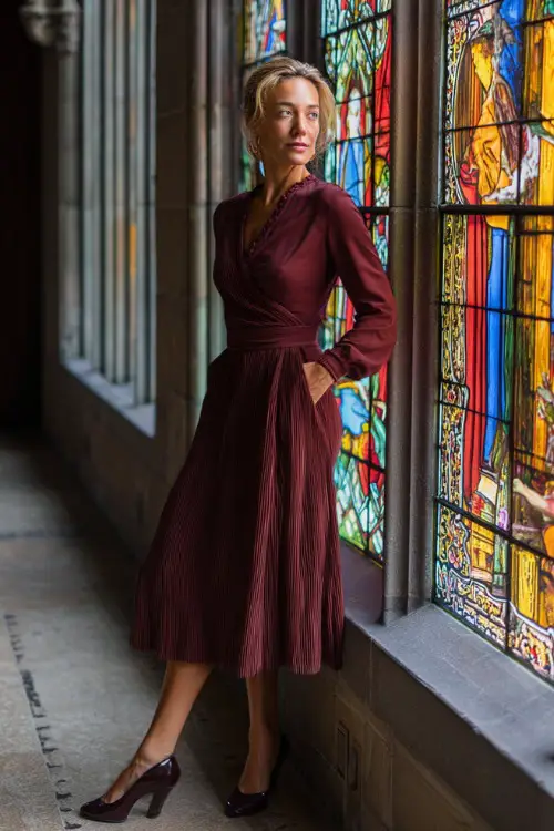 Confident woman over 50 in a burgundy pleated midi dress with long sleeves and heels, posing indoors near stained glass windows full body, rich colors