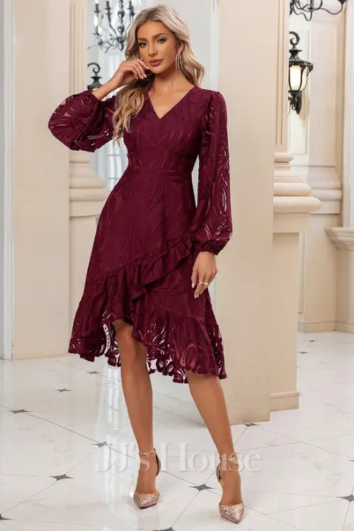 Ruffle V-Neck Long Sleeve A-line Lace Midi Dress