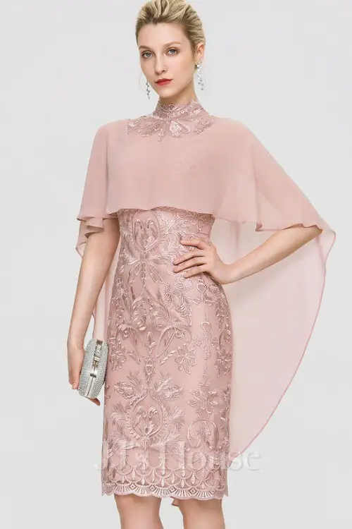 Sheath_Column High Neck Knee-Length Lace Chiffon Cocktail Dress With Cape