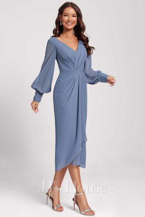 Sheath_Column V-Neck Tea-Length Chiffon Cocktail Dress With Cascading Ruffles