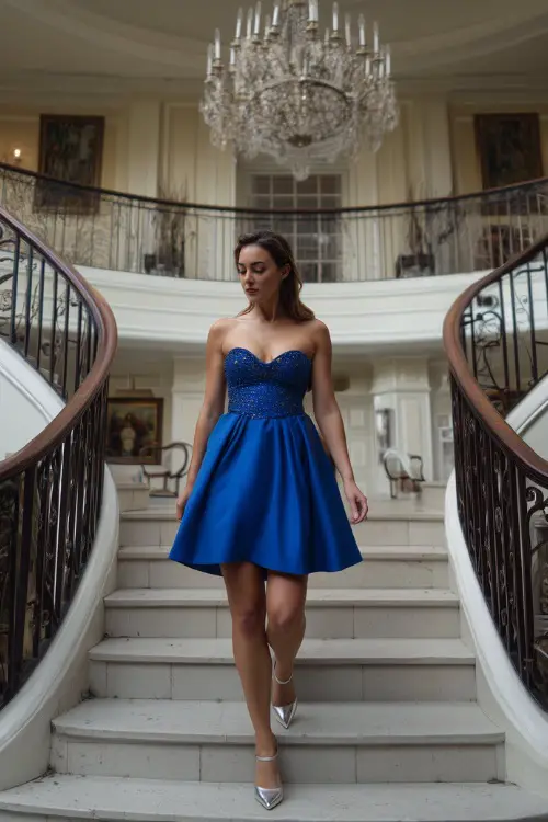 Woman in a royal blue cocktail-length gown with beaded detailing and silver heels, walking down a grand staircase at a formal estate wedding
