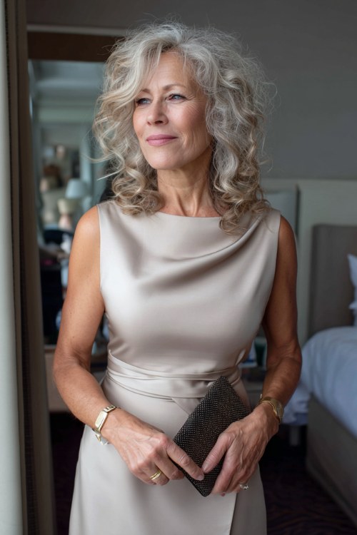 a petite woman over 50 wears a gray satin wedding guest dress