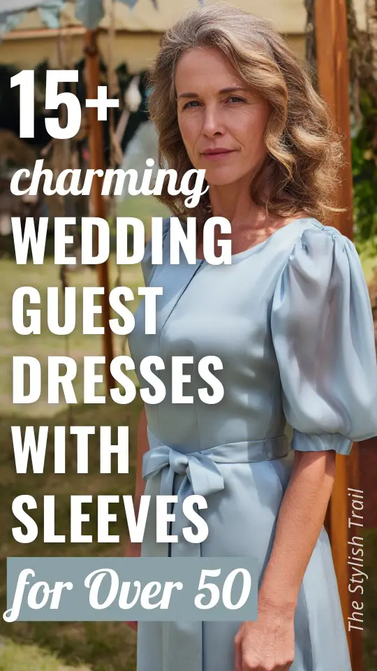 a woman over 50 wears a wedding guest dress with sleeves