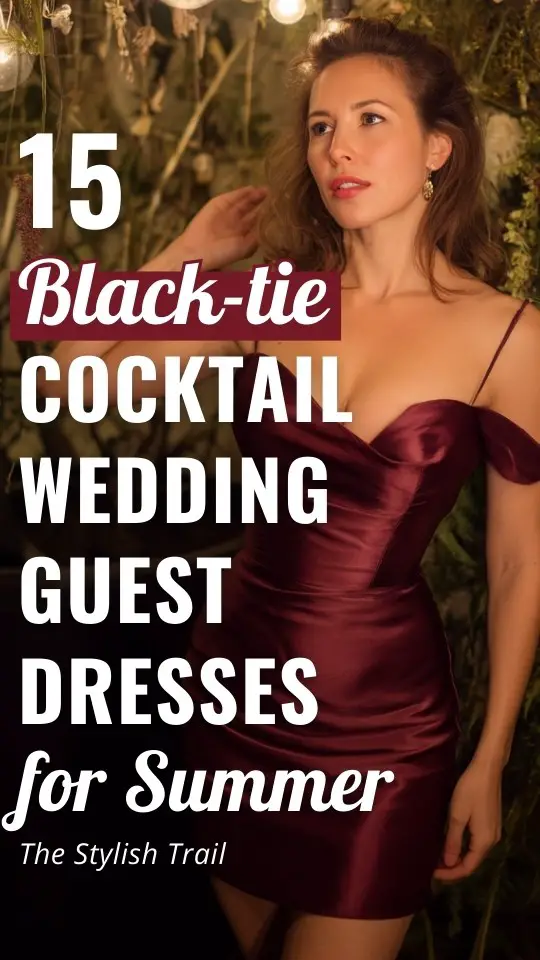 a woman wears a black tie cocktail wedding guest dress for summer