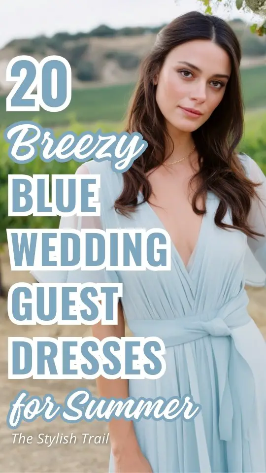 a woman wears a blue wedding guest dress for summer wedding