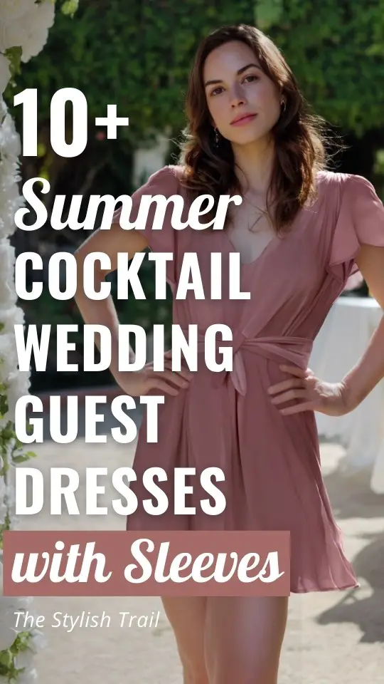 a woman wears a cocktail wedding guest dress with sleeves for summer