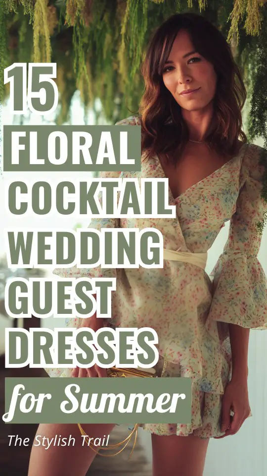 a woman wears a floral cocktail wedding guest dress for summer