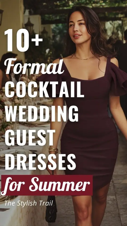 a woman wears a formal cocktail wedding guest dress in summer