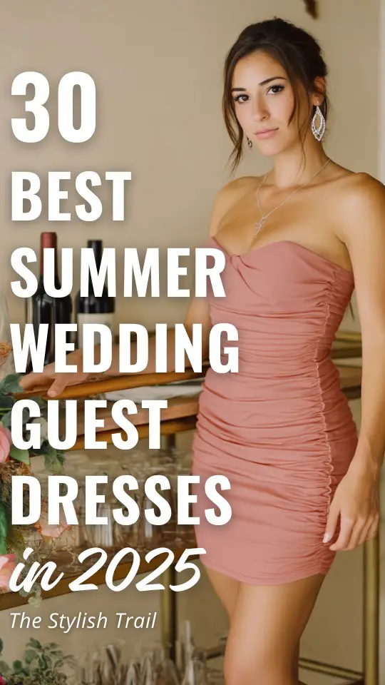 a woman wears a pink wedding guest dress for summer wedding