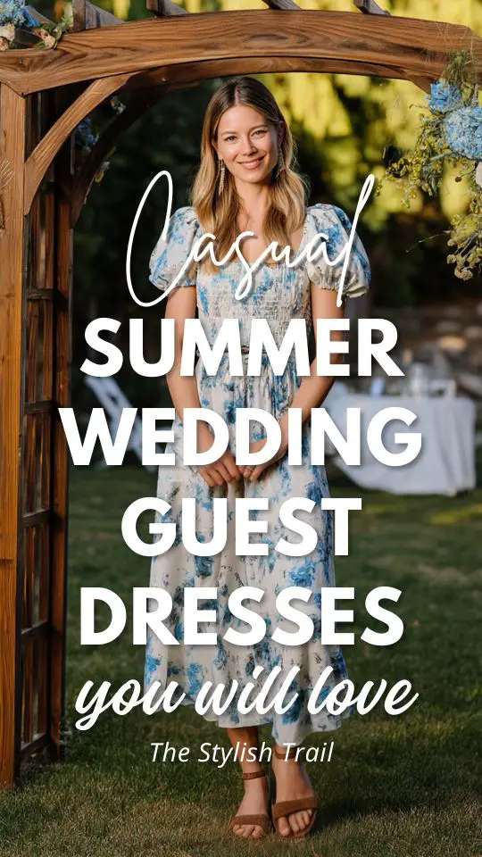 a woman wears a wedding guest dress for casual summer wedding