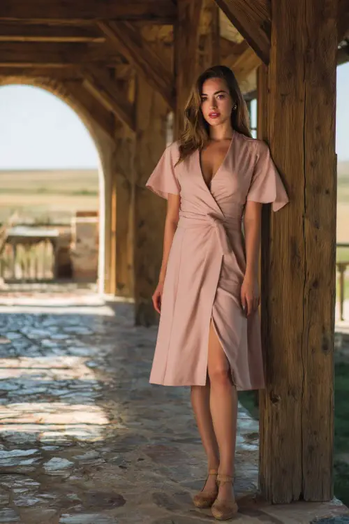 A classy woman in a blush pink midi wrap dress with flutter sleeves and espadrilles, posing near a rustic wooden archway at a countryside venue