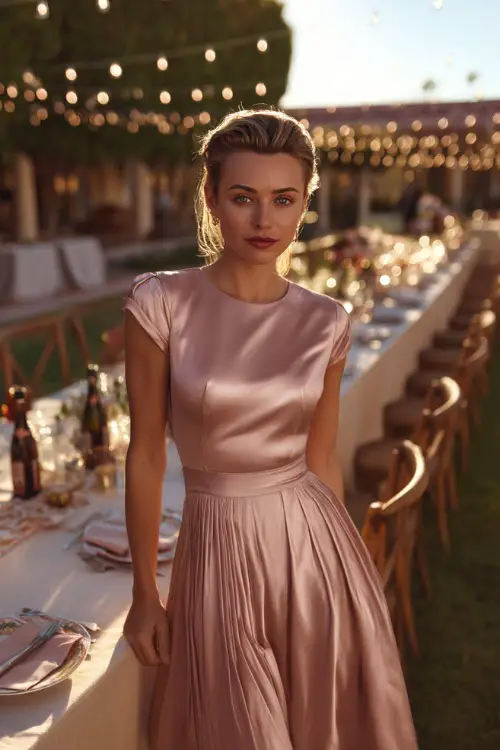 A classy woman in a blush pink satin midi dress with cap sleeves and a pleated skirt, standing beside a long outdoor dinner table set for a rehearsal evening under string lights 