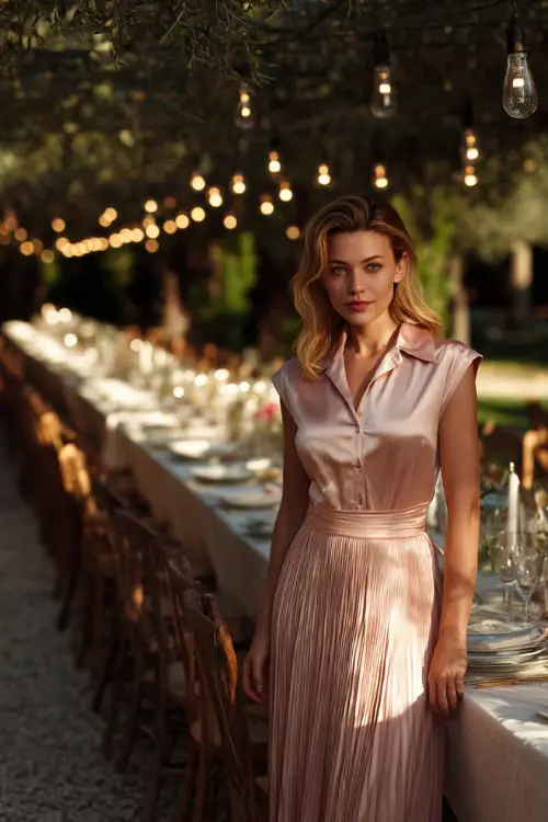 A classy woman in a blush pink satin midi dress with cap sleeves and a pleated skirt, standing beside a long outdoor dinner table set for a rehearsal evening under string lights 