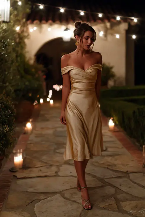 A classy woman in a champagne-colored off-the-shoulder gown with subtle shimmer and metallic heels, walking across a garden courtyard lit with candles and string lights