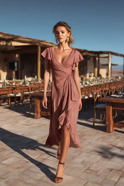 A classy woman in a dusty rose midi dress with flutter sleeves and a soft ruffled skirt, walking across a patio with long wooden dinner tables set for an outdoor reception
