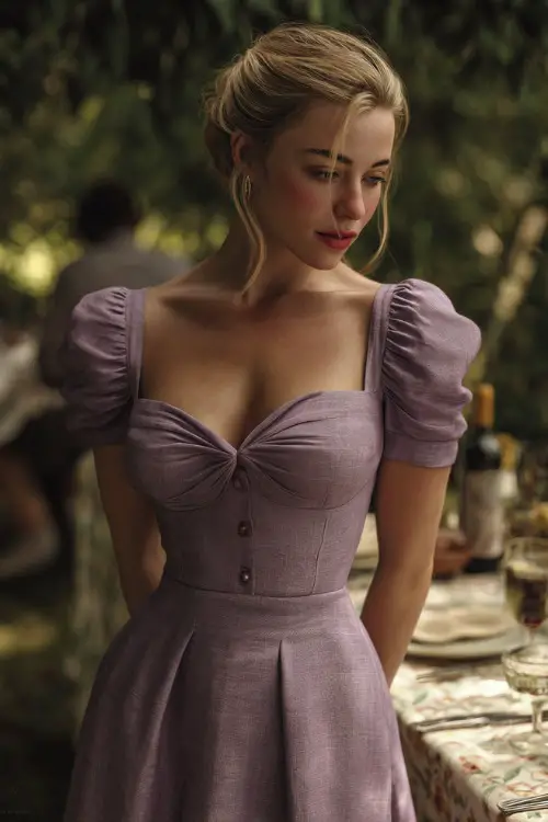 A classy woman in a lavender midi-length linen dress with a smocked bodice and soft skirt, posing at a garden rehearsal dinner setting 