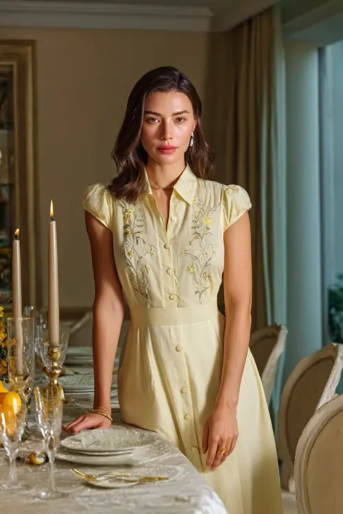 A classy woman in a light yellow midi dress with delicate floral embroidery and cap sleeves, standing beside a long dining table set with citrus and candles 