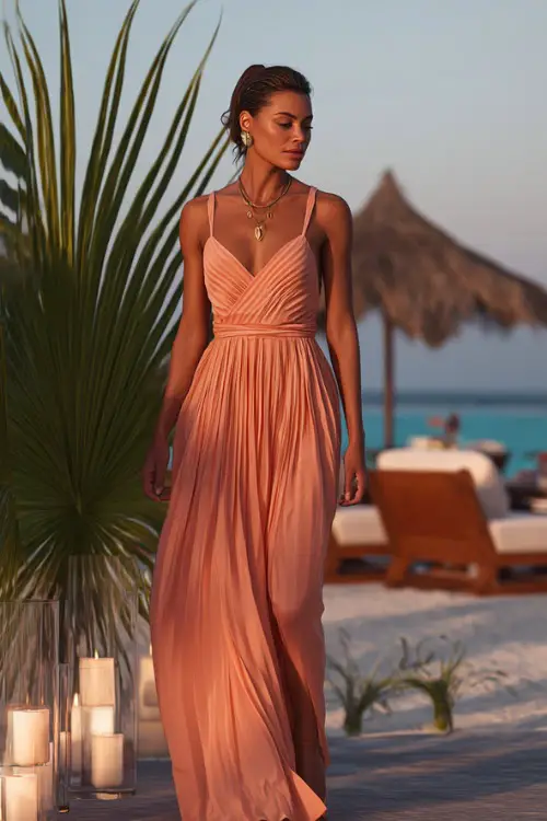 A classy woman in a pale coral formal dress with thin straps and a pleated skirt, walking beside floating candles and palm decor at a sunset beachfront reception 